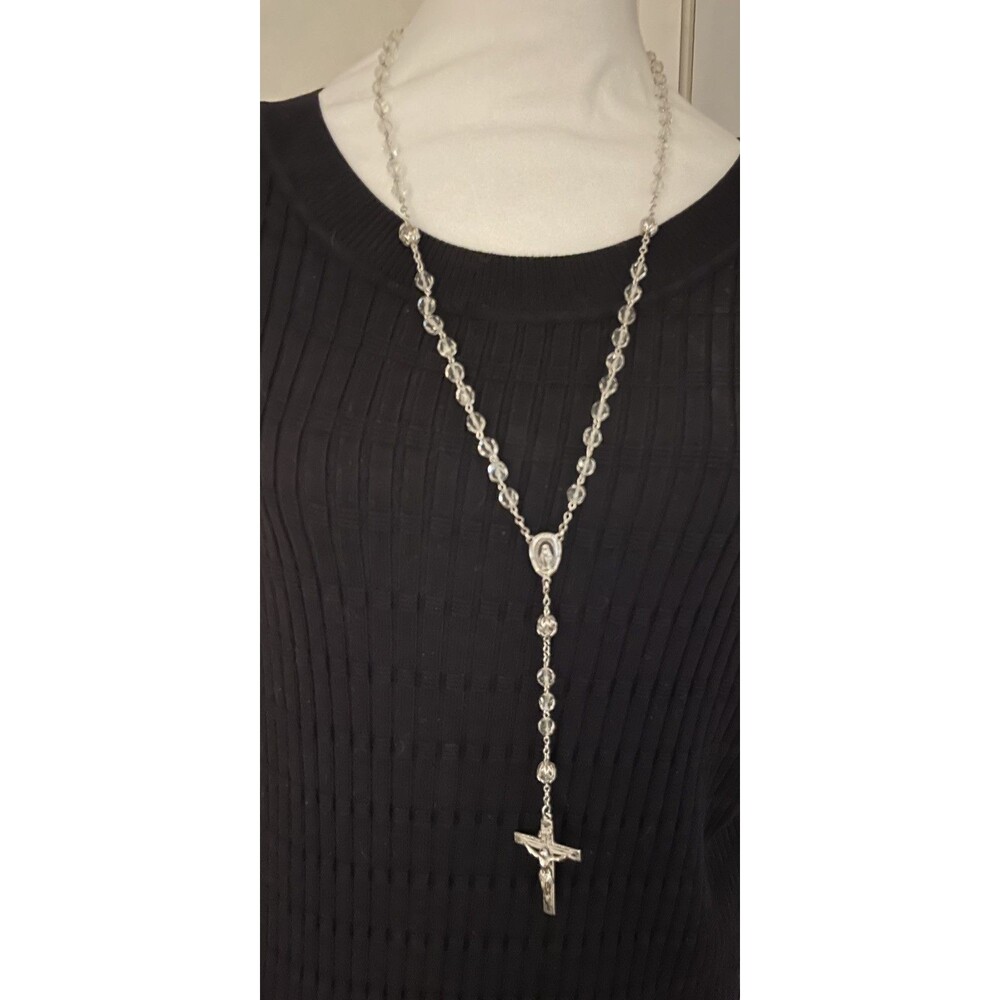Vintage Crystal Rosary Necklace 21” Faceted Beads Silver Tone Crucifix Mary - Picture 2 of 5